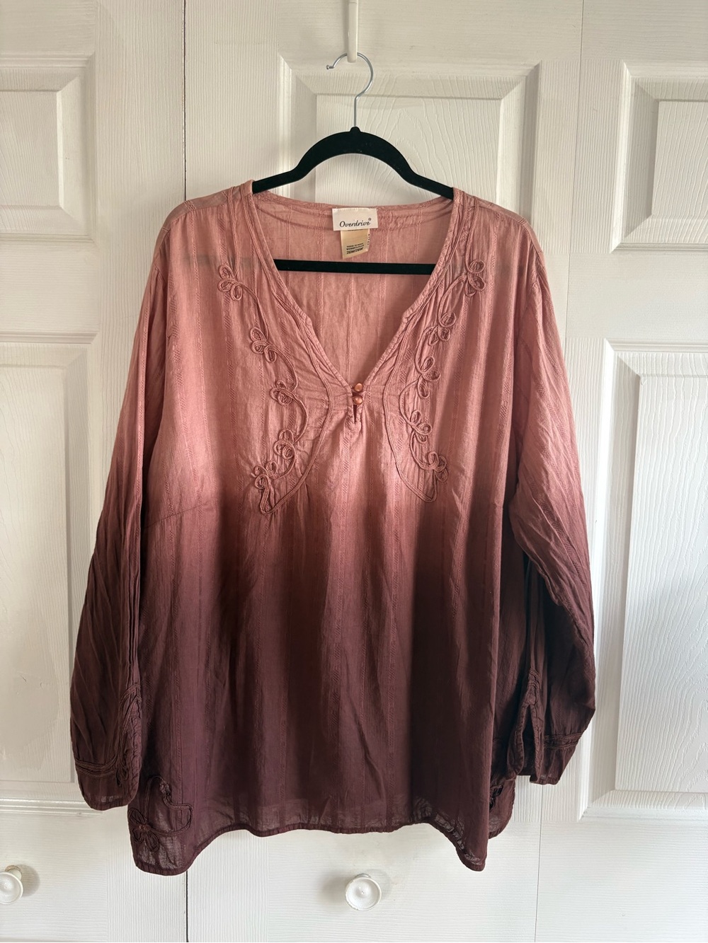 Overdrive 26W/28W Blush Pink Ombré V-Neck Ribbon Embroidery Blouse Cottage Boho